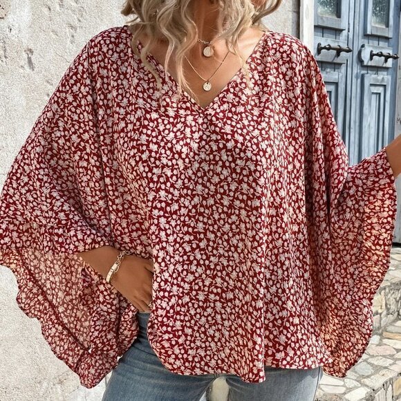 Multicolor Boho Womens Ditsy Floral Print Batwing Sleeve Blouse - Picture 2 of 5
